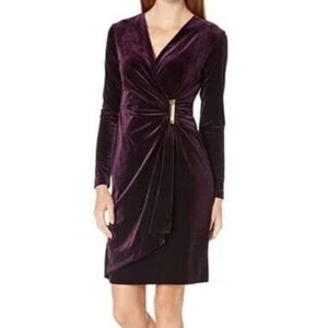 Calvin Klein Eggplant Purple Velvet Long Sleeve Surplice Neckline Sheath Dress